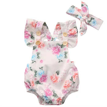 Ziedu Baby Romper Apģērbu Komplekts 2017. Gada Vasaras Jaundzimušais Meitene Mežģīņu Piedurknēm Bodysuit Jumpsuit Galvu 2gab Apģērbs Sunsuit