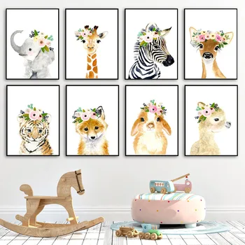 Ziedu Žirafe Zilonis, Zebra Fox Trusis, Tīģeris Bērnudārza Sienas Mākslas Audekls Gleznošanai Plakāti Un Izdrukas Sienas, Attēlus, Bērnu Istaba Bērniem