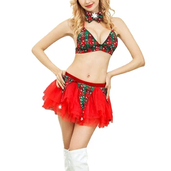 Ziemassvētku Kostīms Sieviešu Meitene Sexy Sniegpārslas Pleds Krūšturis+Mini Svārki+tauriņu+Santa Hat 3 Gabals, kas Eksotisko Apakšveļa Pidžamas Uzvalks
