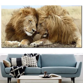 Āfrikas Brāļu Mīlestību, Divu Pieaugušu Vīriešu Lauvas Kanvas Glezna Savvaļas Dzīvnieku Plakāti un Izdrukas Sienas Art Attēlus Dzīvojamā Istaba