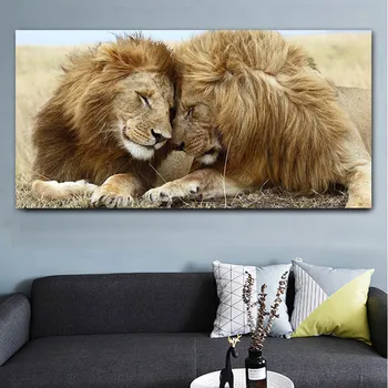 Āfrikas Brāļu Mīlestību, Divu Pieaugušu Vīriešu Lauvas Kanvas Glezna Savvaļas Dzīvnieku Plakāti un Izdrukas Sienas Art Attēlus Dzīvojamā Istaba