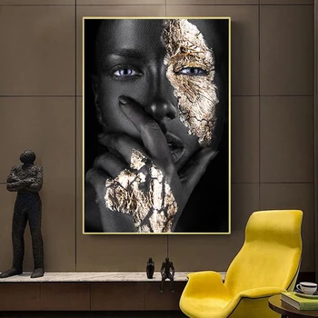 Āfrikas Mākslas Melnā un Zelta Sievietei Roku, Domājot, Audekls Gleznošanai Plakāti un Izdrukas Cuadros Sienas Mākslas Aina Istaba Mājas Dekoru