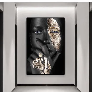 Āfrikas Mākslas Melnā un Zelta Sievietei Roku, Domājot, Audekls Gleznošanai Plakāti un Izdrukas Cuadros Sienas Mākslas Aina Istaba Mājas Dekoru