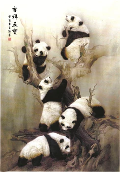 Ķīniešu Feng Shui Zīda Karājas Glezna,Mājas/Biroja Apdare Kaligrāfijas Mākslas Darbu Sienas Ritināšanas - Pieci Pandas