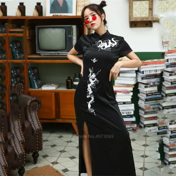Ķīniešu Kleita Emboridery Pūķis Qipao Vintage Vakara Puse Vestido Ilgi Drēbes Cheongsam Tradicionālo Sieviešu Sexy Black Gotikas