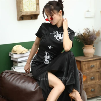 Ķīniešu Kleita Emboridery Pūķis Qipao Vintage Vakara Puse Vestido Ilgi Drēbes Cheongsam Tradicionālo Sieviešu Sexy Black Gotikas