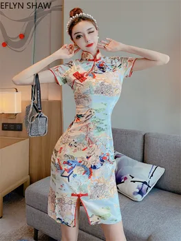 Ķīniešu Stilā Cheongsam Vasarā Jaunu Īsām Piedurknēm Sexy Dieviete Retro Jauno Modeli Sadalīt Kleita Uzlabota Īss Mini Kleita Chi-pao