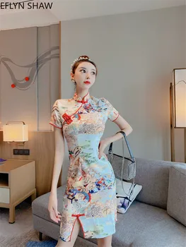Ķīniešu Stilā Cheongsam Vasarā Jaunu Īsām Piedurknēm Sexy Dieviete Retro Jauno Modeli Sadalīt Kleita Uzlabota Īss Mini Kleita Chi-pao