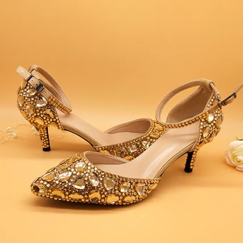 Šampanietis Zelta kristāla sieviešu Kāzu kurpes ar atbilstošas somas Rhinestone augstiem papēžiem potītes siksniņu, kurpes sieviešu puse kleita apavi