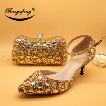 Šampanietis Zelta kristāla sieviešu Kāzu kurpes ar atbilstošas somas Rhinestone augstiem papēžiem potītes siksniņu, kurpes sieviešu puse kleita apavi